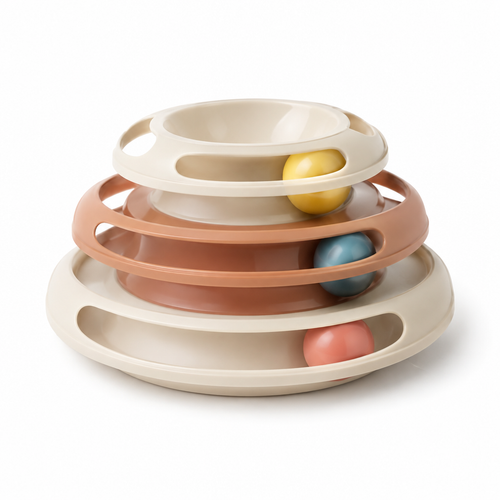 Imagem ilustrativa de circuito de bolas de três níveis em creme e terracota sobre fundo branco