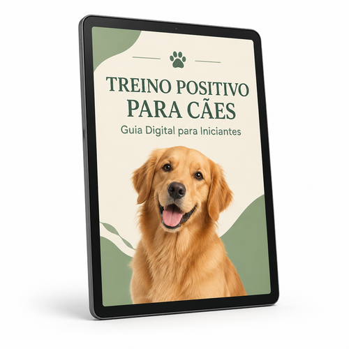 Representação do guia digital Treino Positivo para Cães num tablet sobre fundo branco; equipamento não incluído